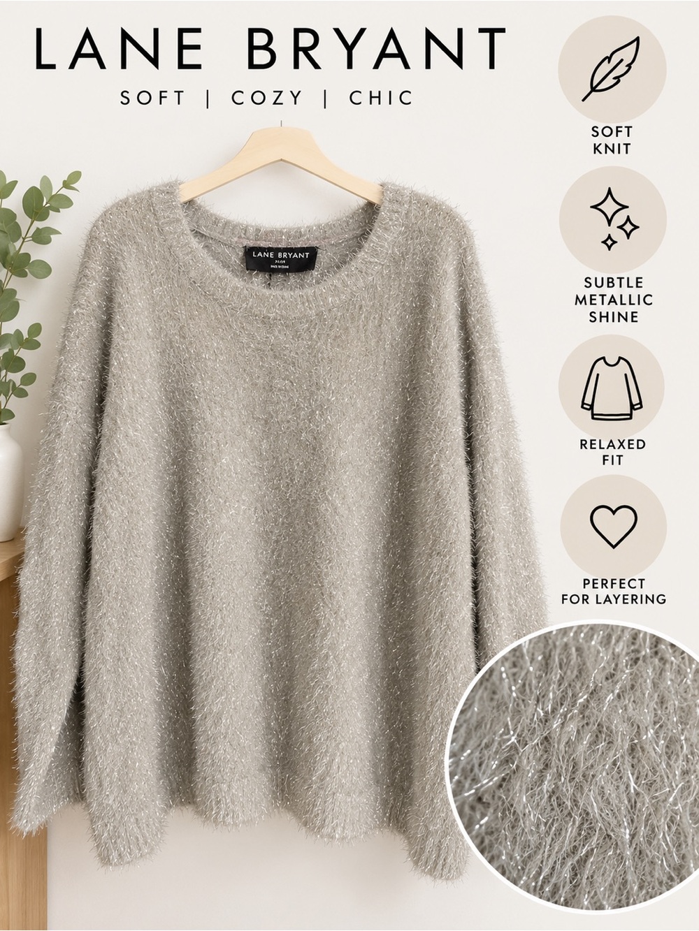 Lane Bryant Eyelash Knit Metallic Tunic Sweater 22/24 Silver Shimmer